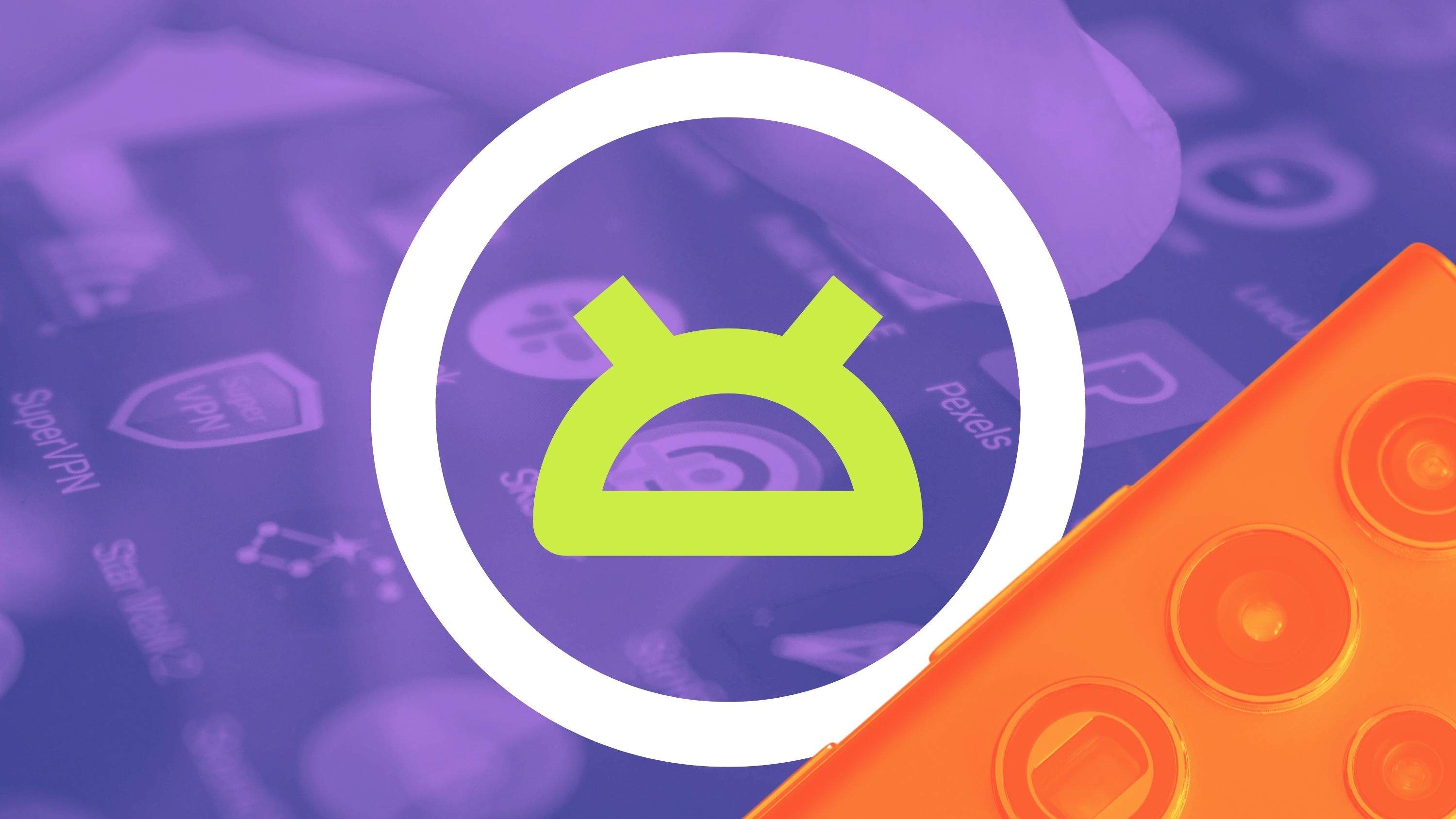 O logotipo do Android contra um fundo roxo e laranja