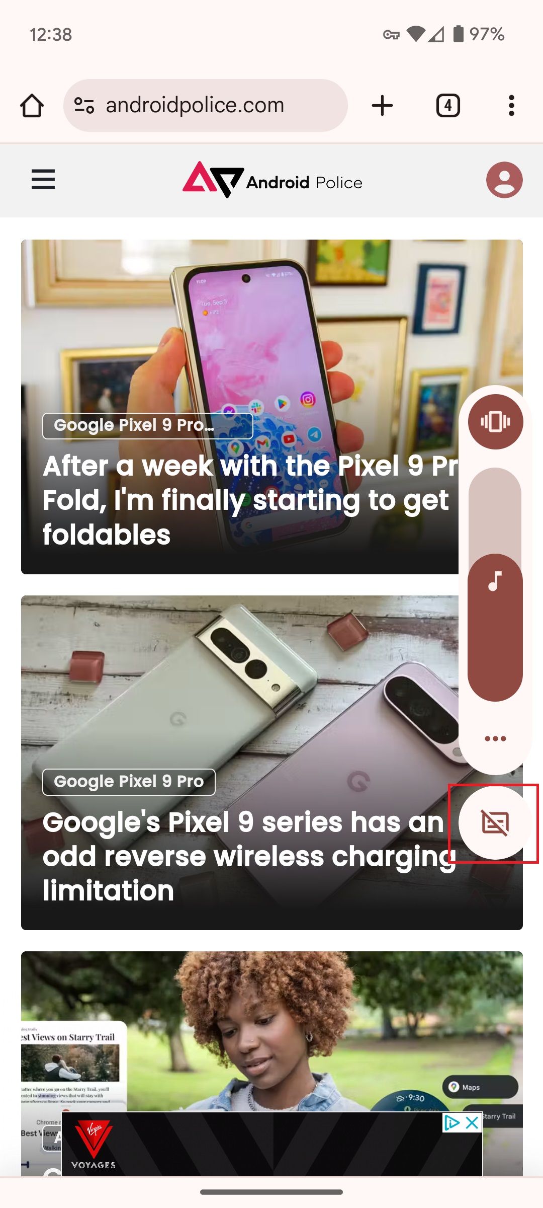 Um telefone Google Pixel com o controle deslizante de volume aberto e o botão Live Caption destacado com uma caixa vermelha