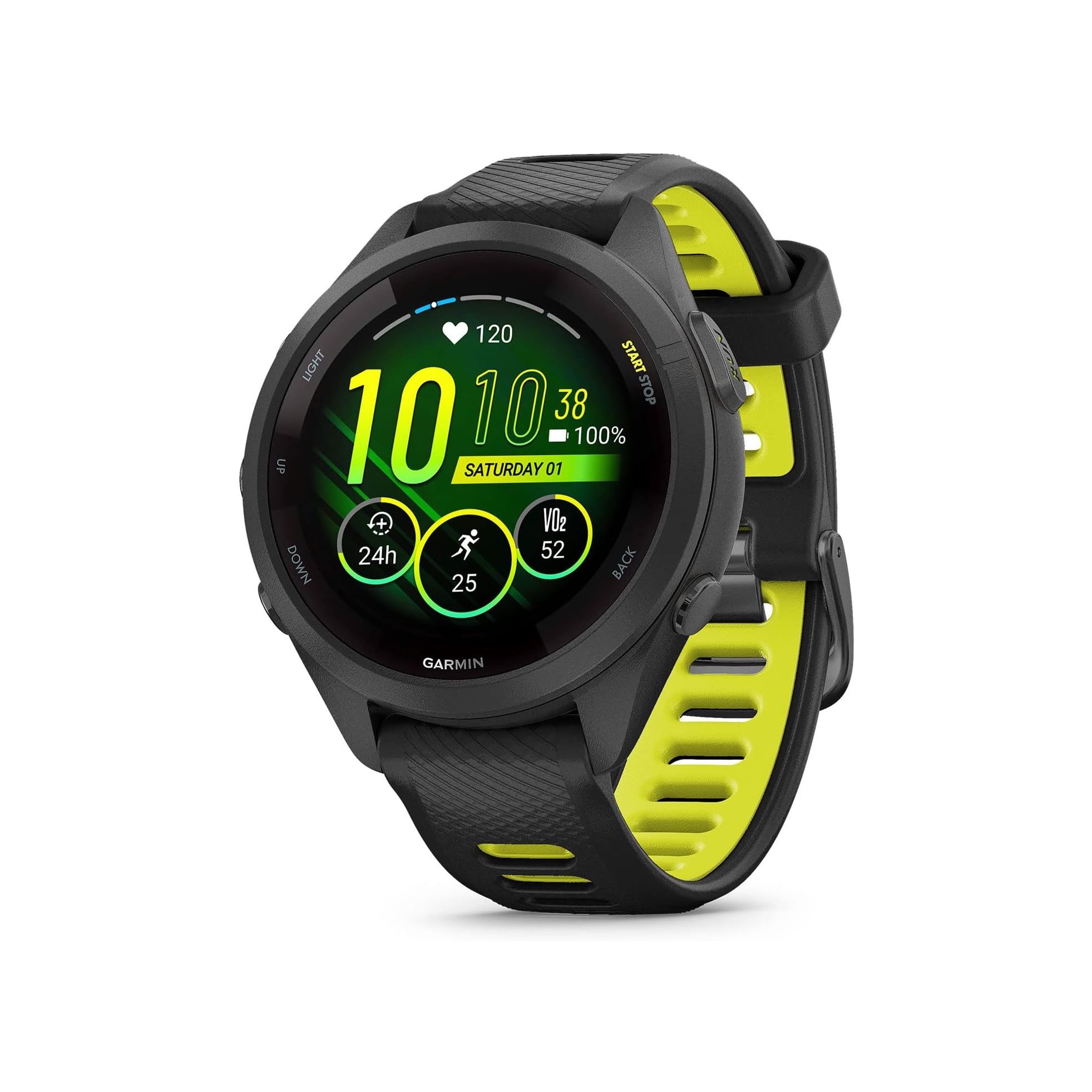 Smartwatch Garmin Forerunner 265S em preto e amarelo sobre fundo branco