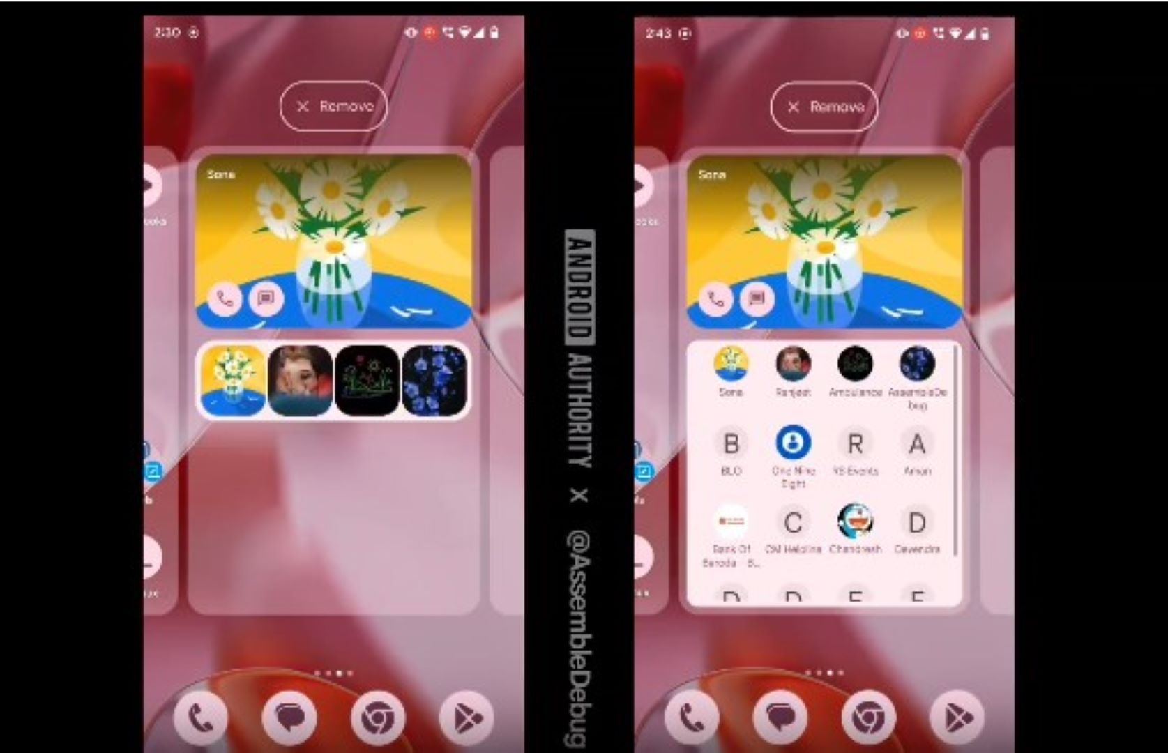 Uma captura de tela do antigo widget de Contatos ao lado do novo widget de Contatos, tirada do vídeo do Android Authority.