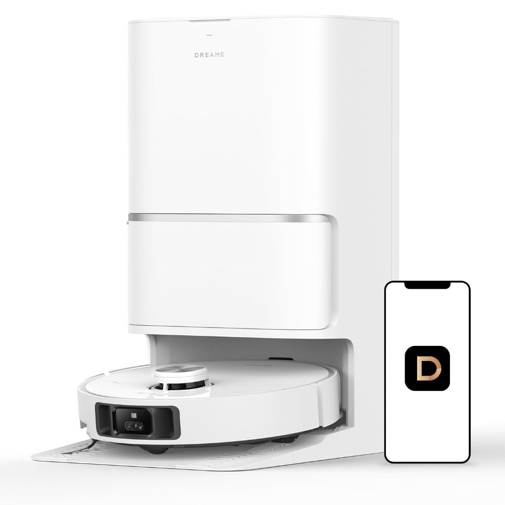 Dreame L40 Ultra, docking station e aplicativo em um fundo branco