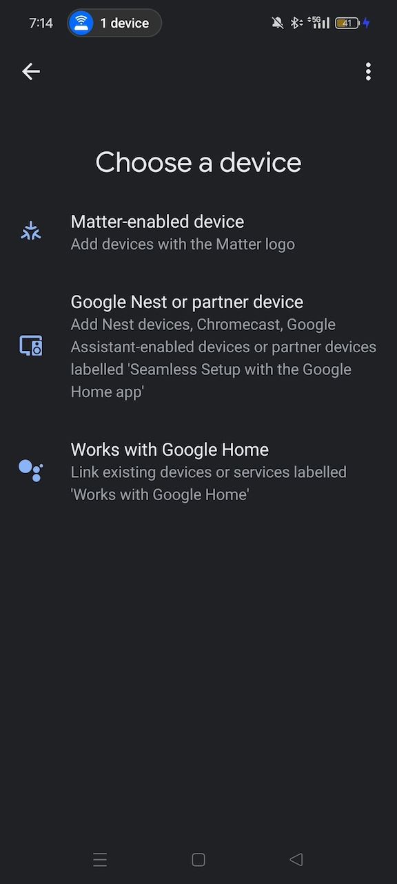 Escolha uma página de dispositivo no aplicativo Google Home mostrando a lista de dispositivos para selecionar