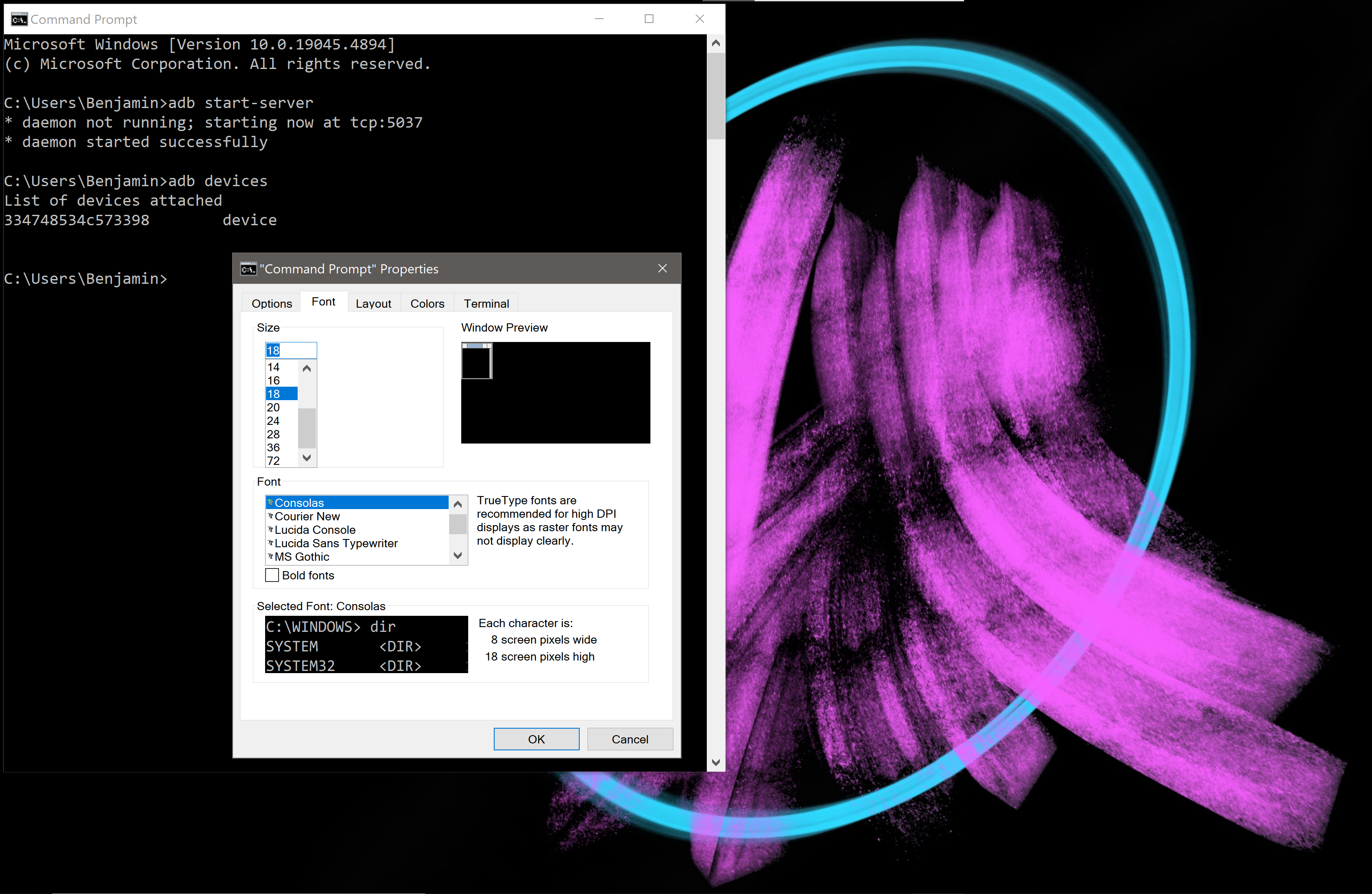 aumentar o tamanho da fonte do prompt de comando no Windows