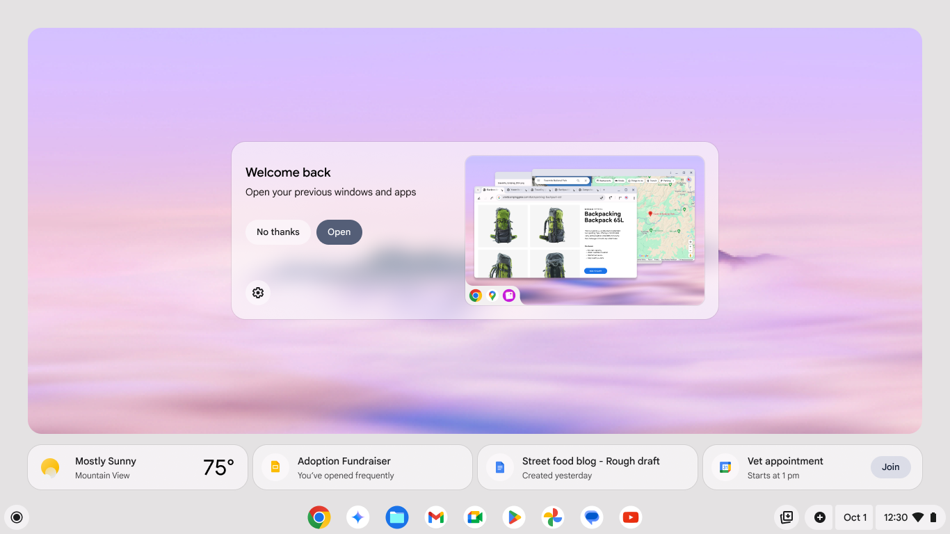 Captura de tela do Chromebook Plus mostrando o resumo de boas-vindas dos recursos