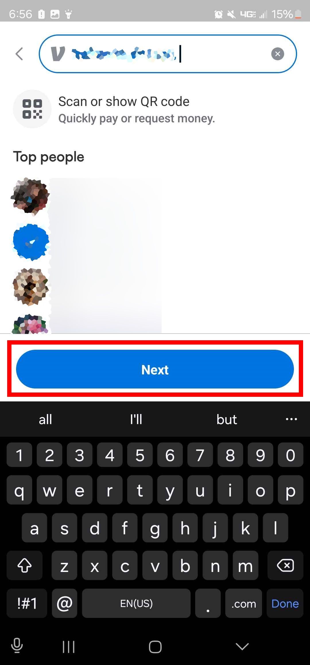Pesquise e insira o nome do destinatário com o próximo botão destacado no aplicativo Venmo