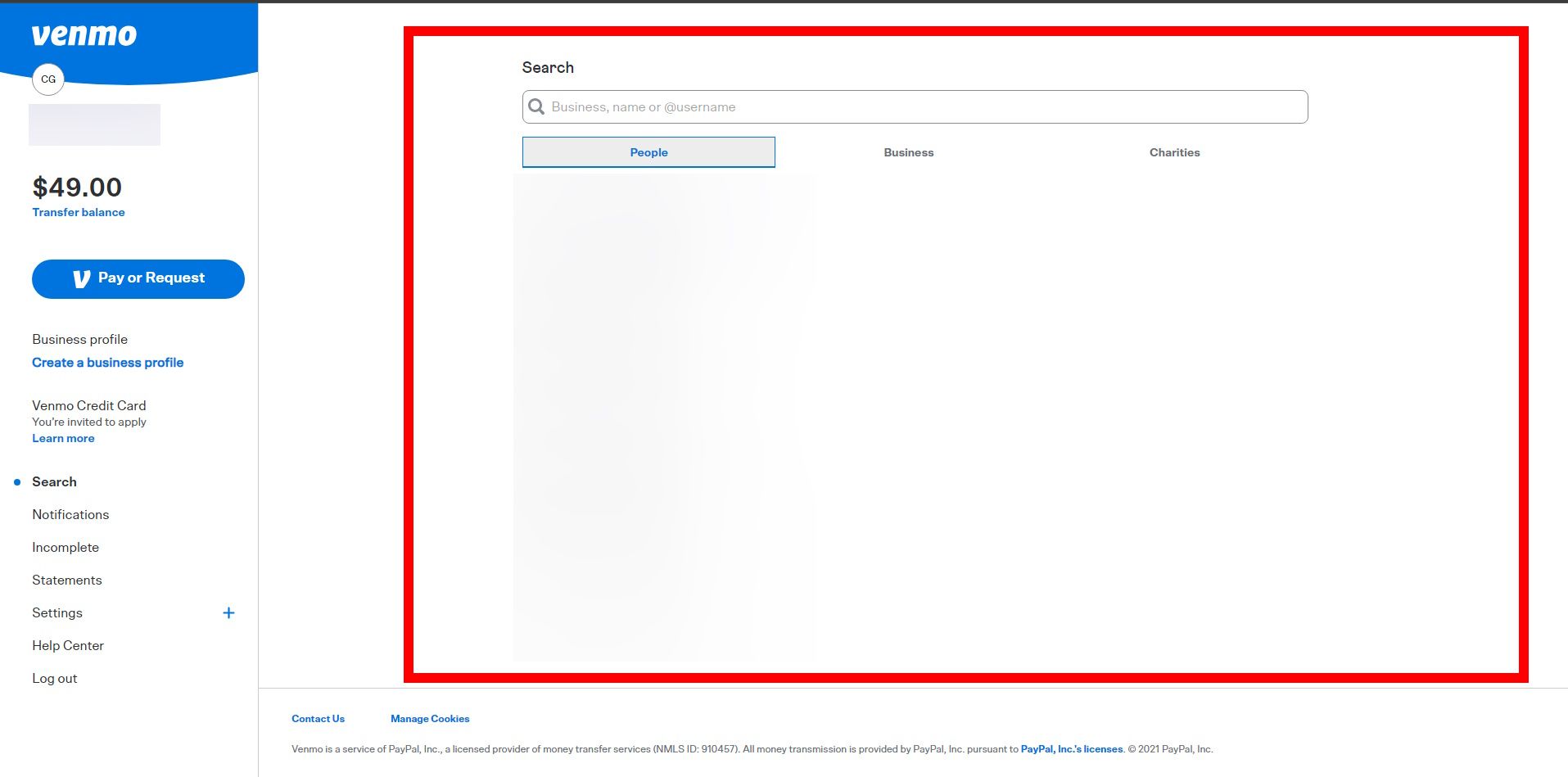 Contorno de retângulo vermelho destacando a página de contato de pesquisa para destinatários Venmo