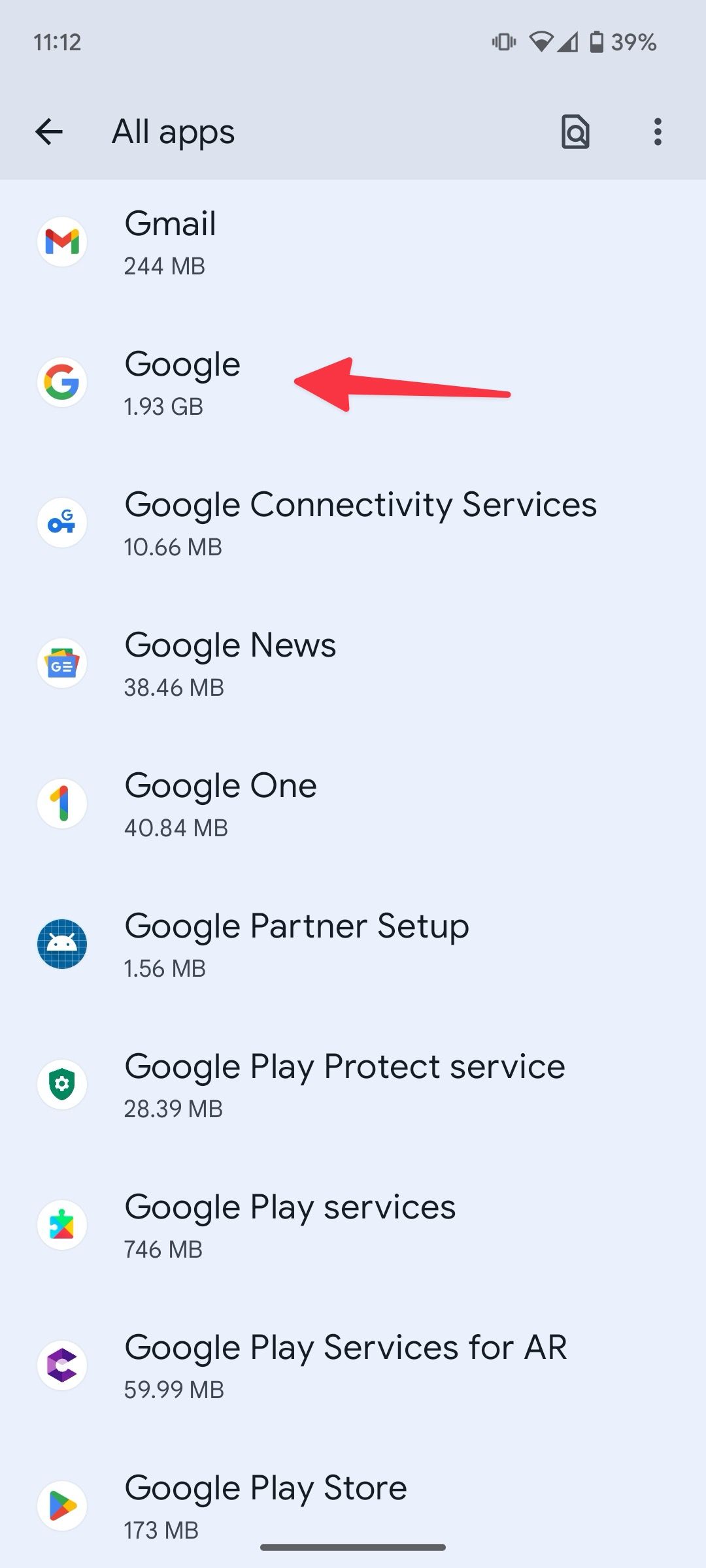 Captura de tela com uma seta apontando para o Google app