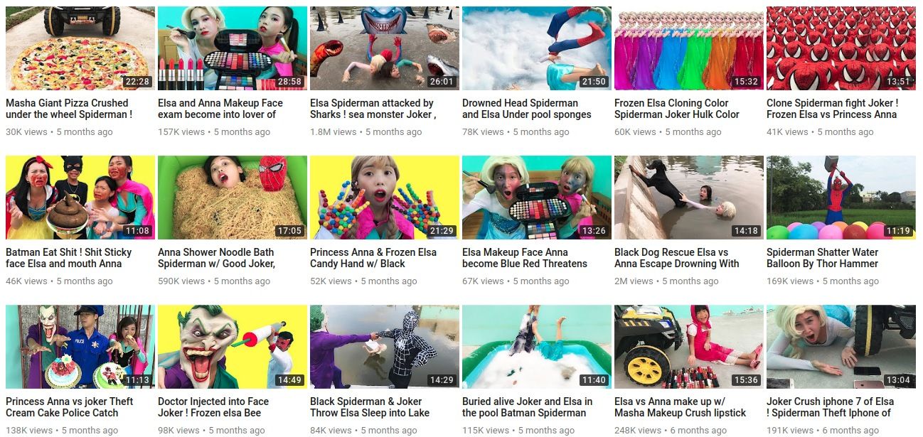 Uma captura de tela do YouTube Kids durante a polêmica ElsaGate