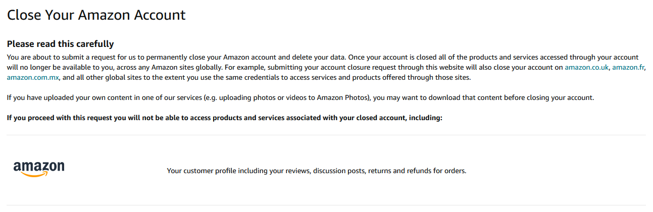 Captura de tela da página Fechar sua conta na Amazon