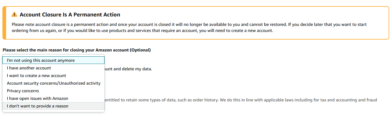 Captura de tela listando todos os possíveis motivos para encerrar sua conta Amazon