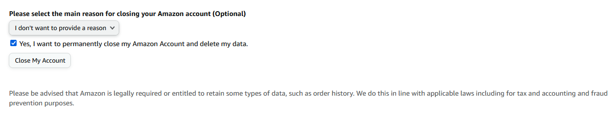 Captura de tela mostrando a caixa de seleção Fechar minha conta permanentemente no site da Amazon