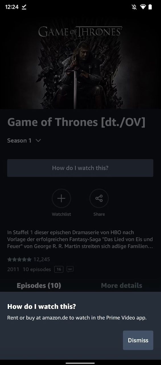 Instruções para alugar ou comprar Game of Thrones pelo site do app Prime Video