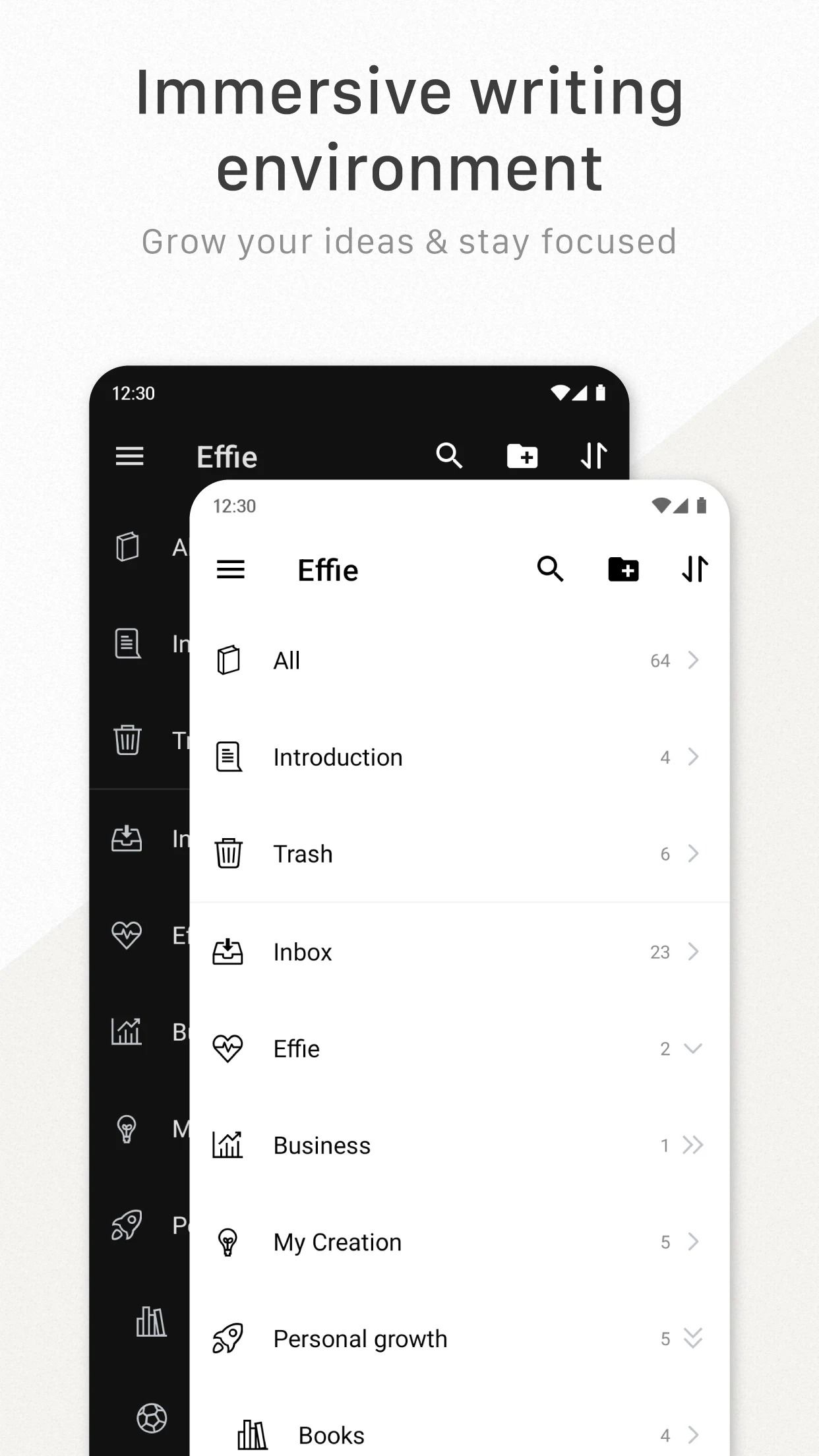 Menu inicial do Effie no Android