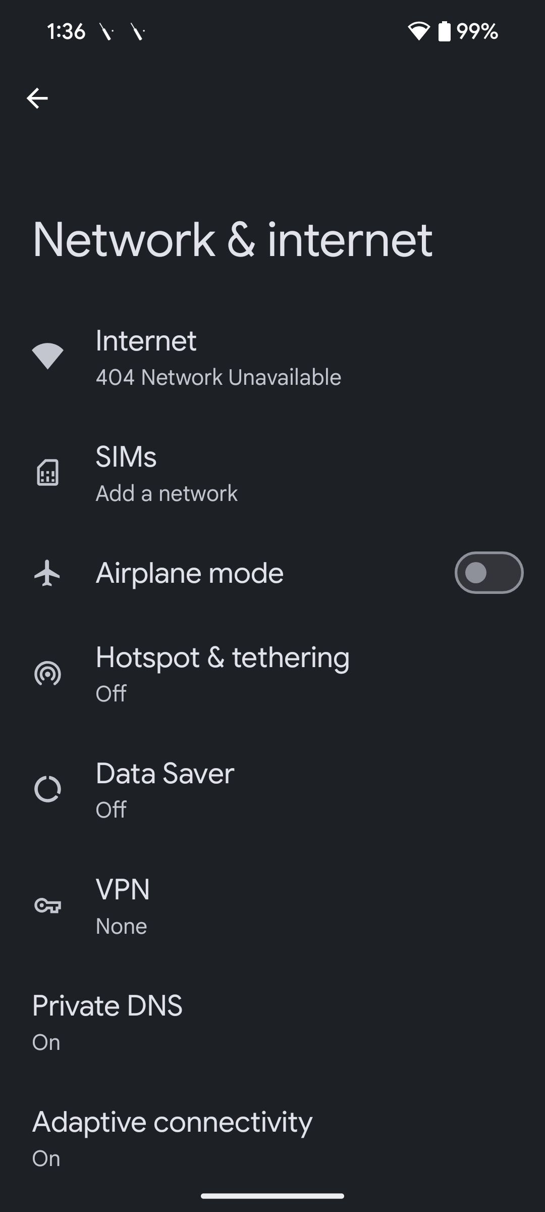 Menu de configurações de Internet no Android 15