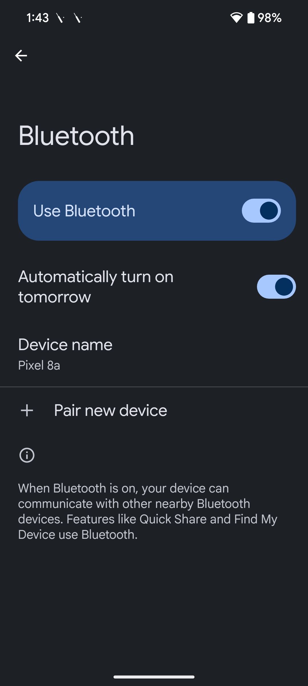 Menu de configurações de Bluetooth com o botão para "Ativar automaticamente amanhã" destacado