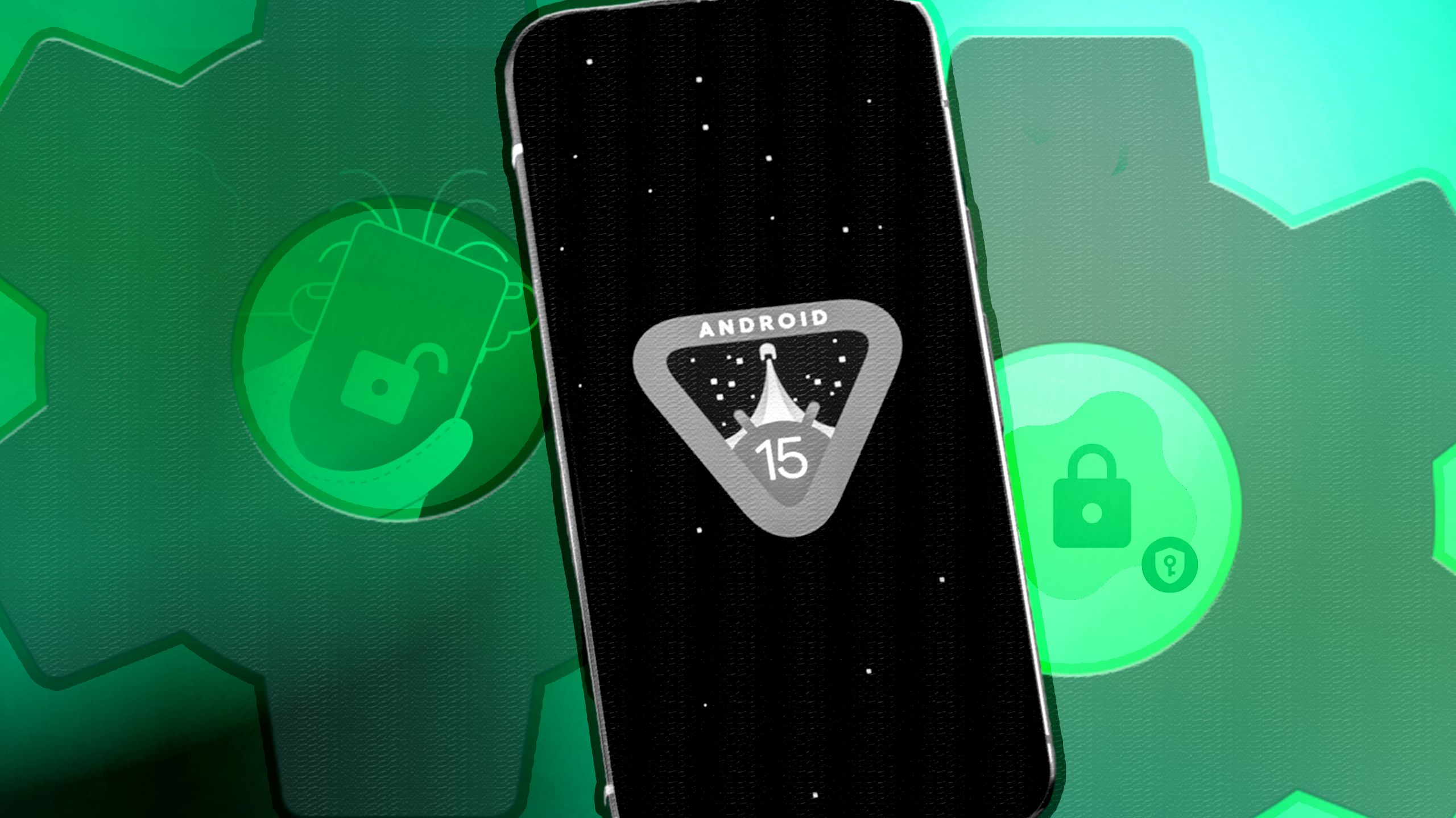 Uma ilustração fotográfica de um telefone com o logotipo do Android 15 contra um fundo verde