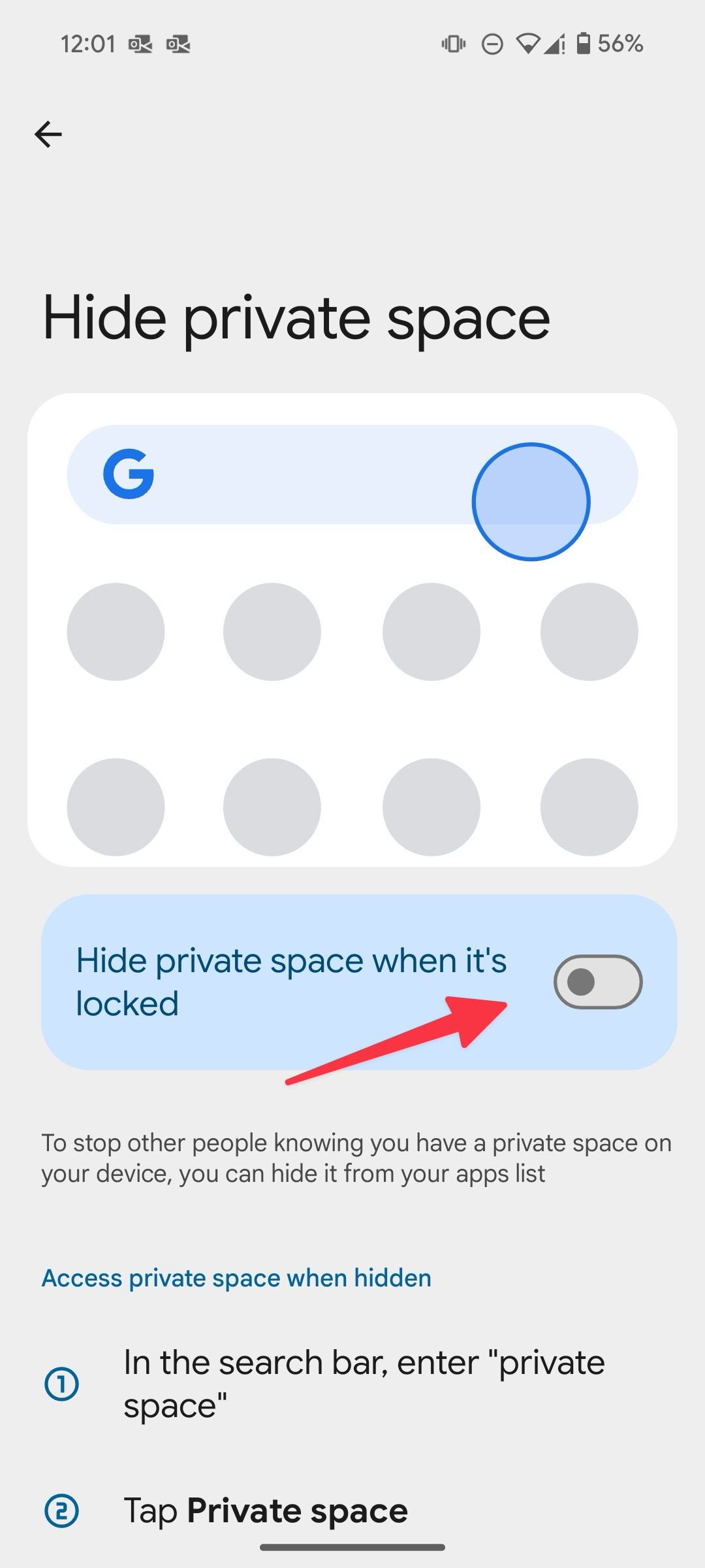 Desative o espaço privado no Android