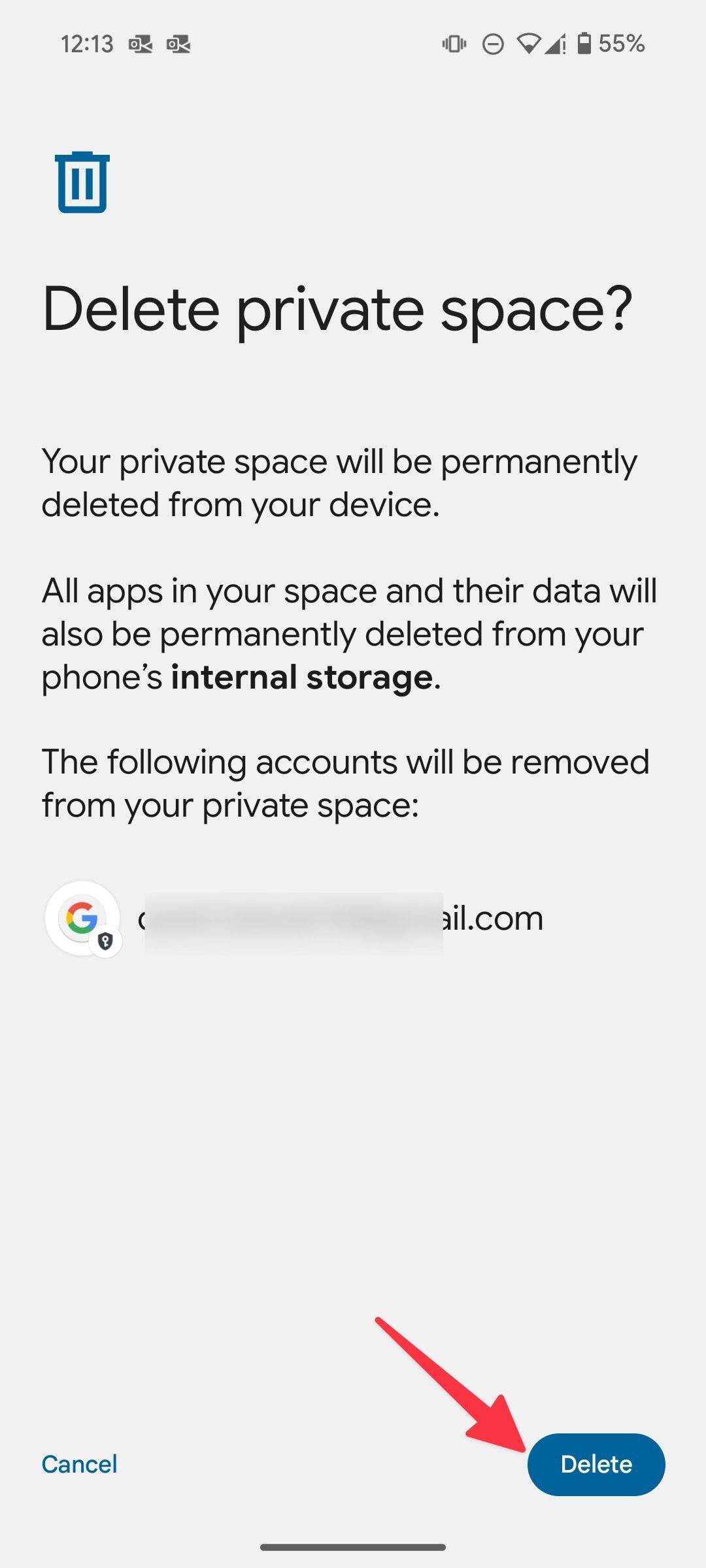 uma opção para excluir espaço privado no Android 