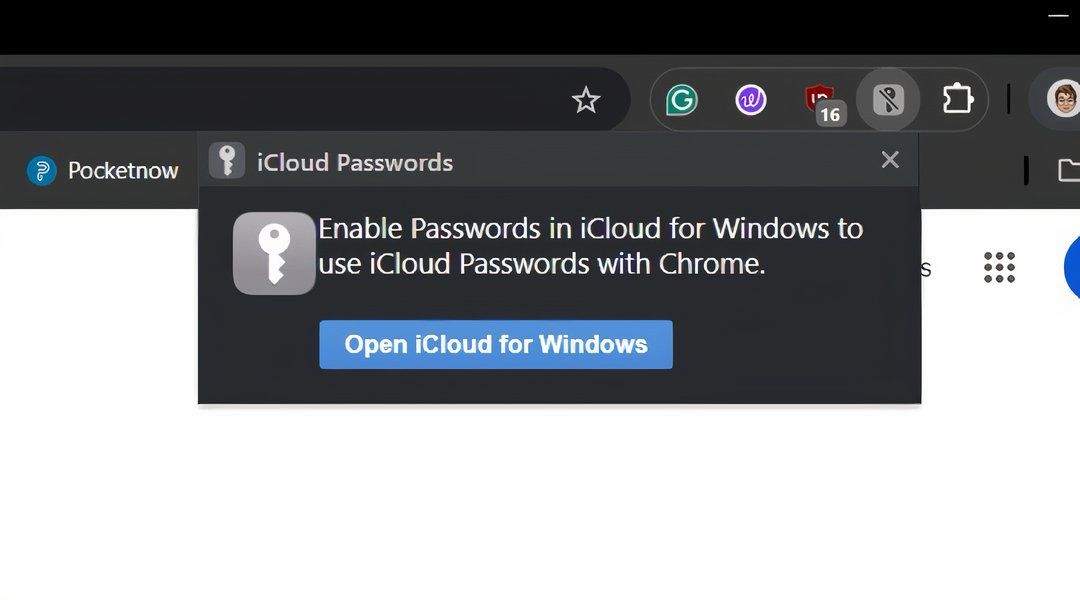 Exibição da extensão do Chrome "Abra o iCloud para Windows" botão exibido com destaque