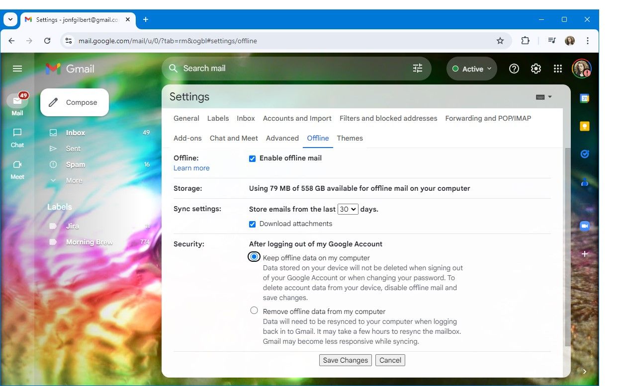 janela de configurações do Gmail com guia off-line aberta na área de trabalho