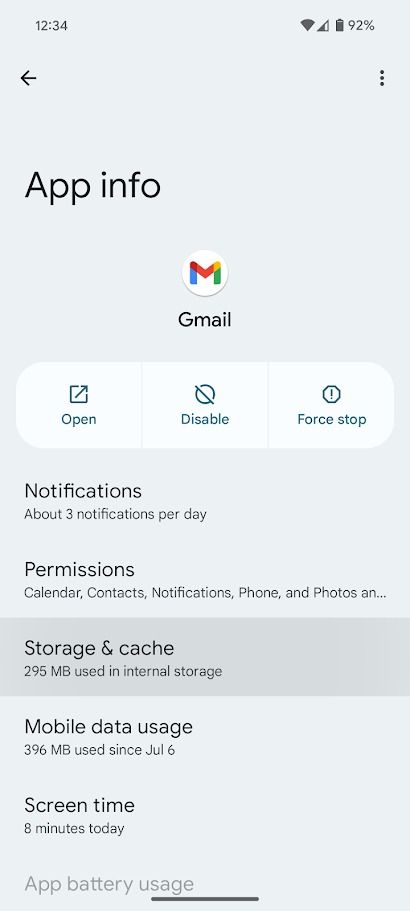 página de informações do aplicativo para o aplicativo Gmail no Android