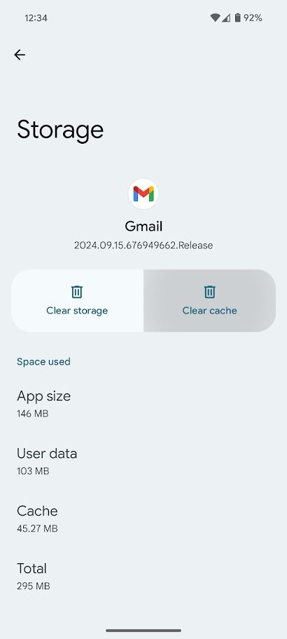 informações de armazenamento para o aplicativo Gmail no celular