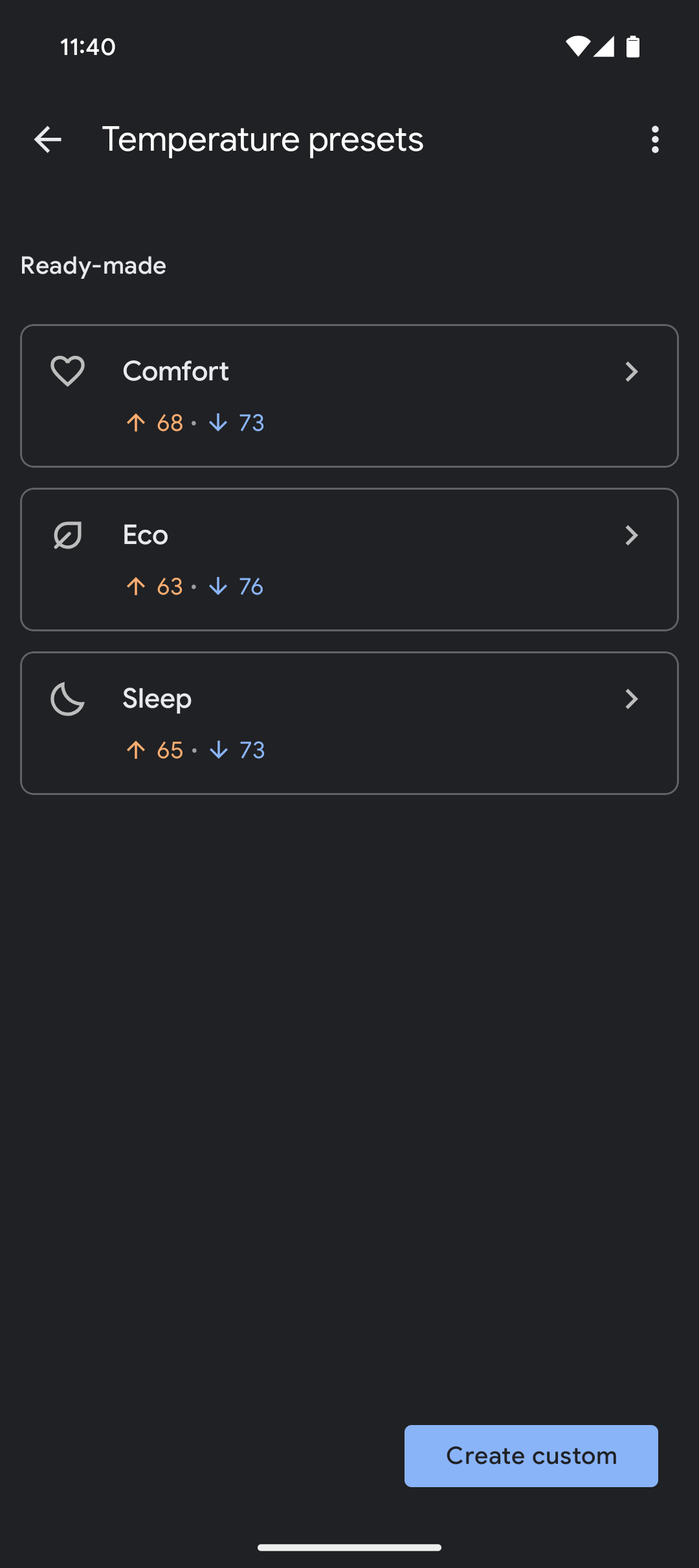 Captura de tela das predefinições de temperatura inicial do Google