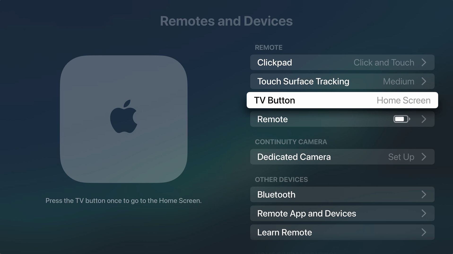 Opção de tela inicial selecionada para substituir o aplicativo Apple TV padrão para a ação do botão TV