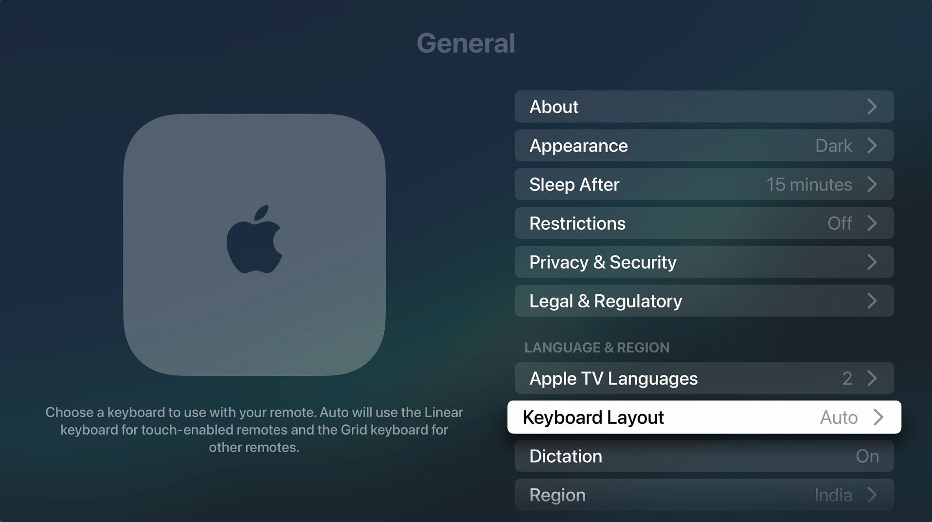 Opção de layout de teclado destacada nas configurações da Apple TV