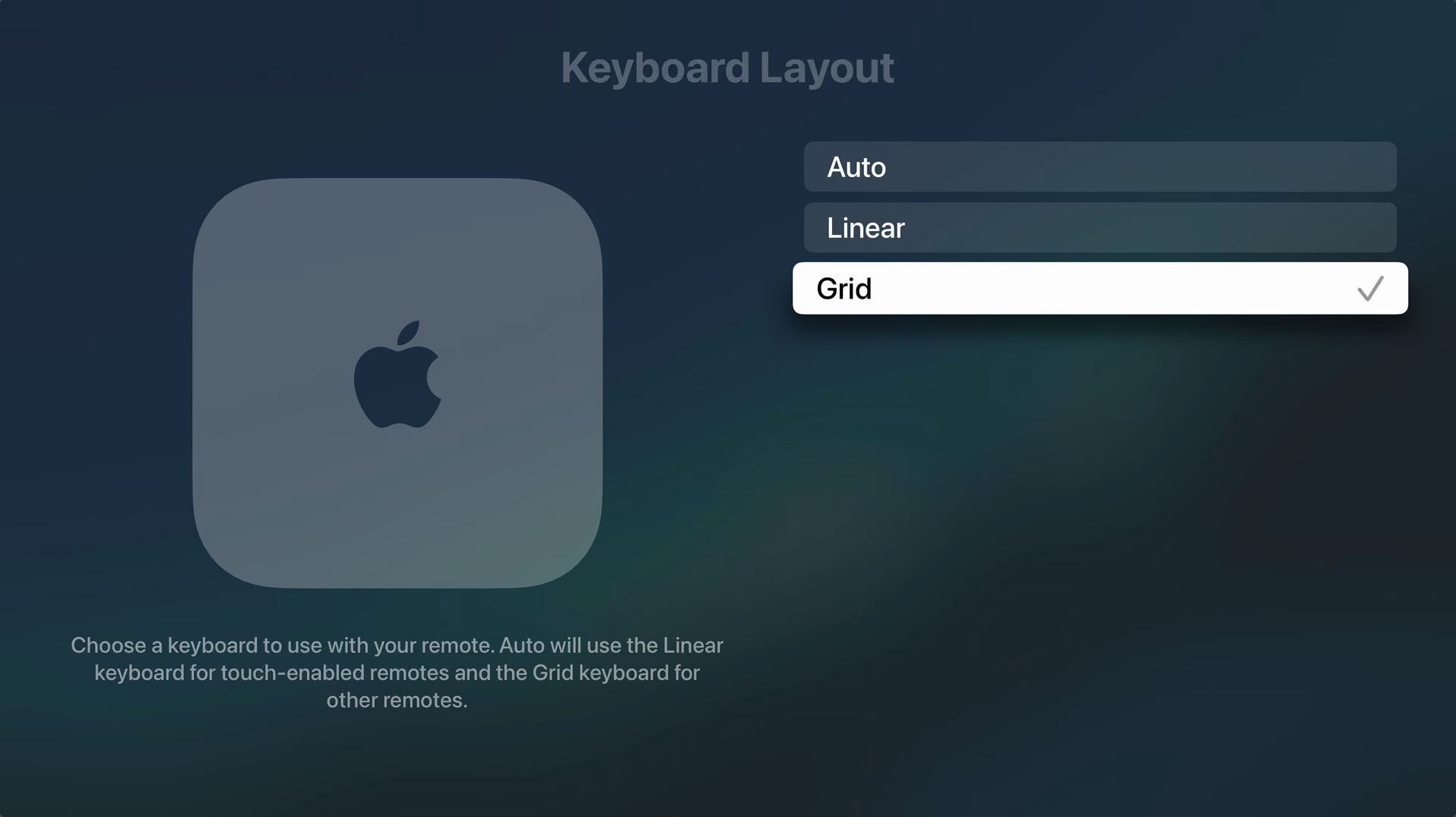 Layout de grade para configurações de teclado da Apple TV