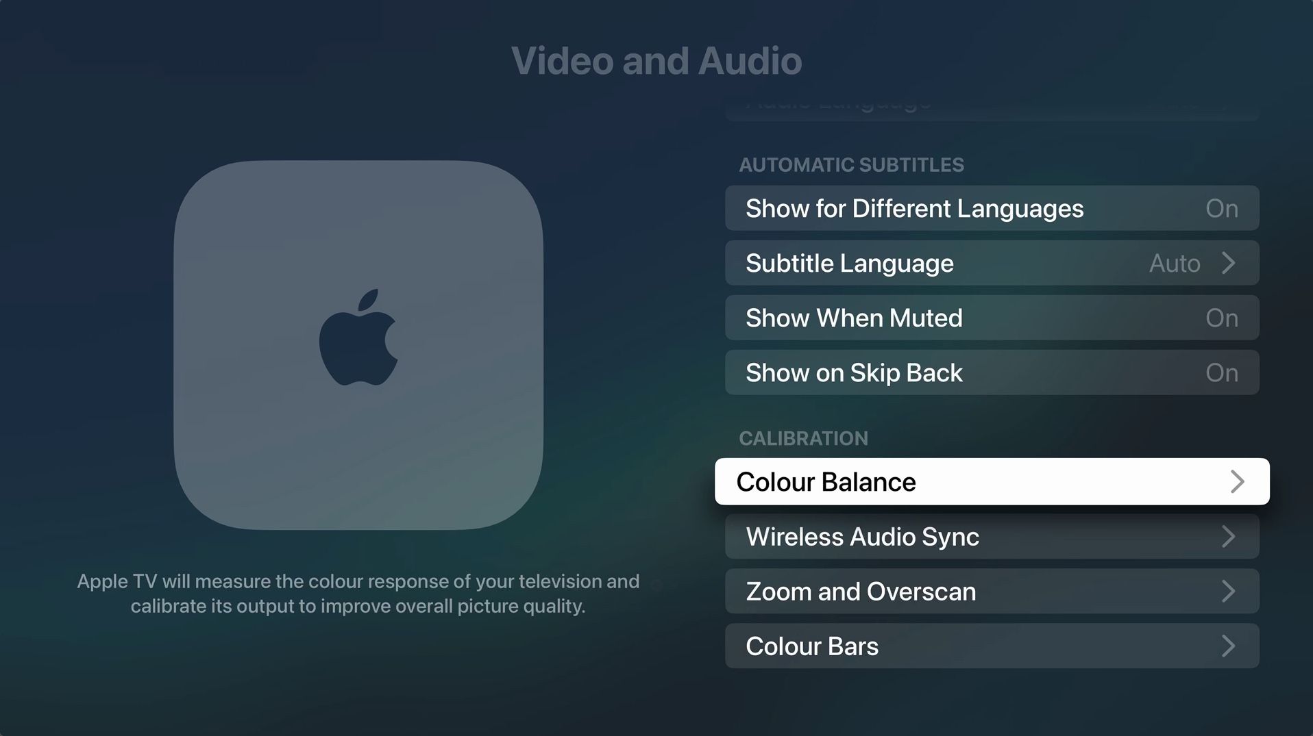 configuração de equilíbrio de cores na Apple TV