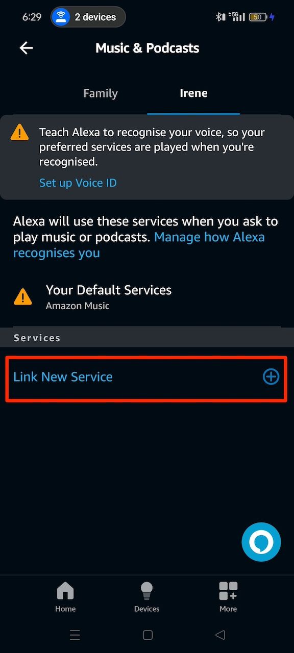 Selecionando a opção Vincular novo serviço no aplicativo Amazon Alexa