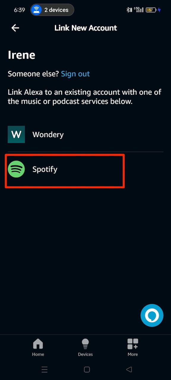 Selecionando a opção Spotify para vincular ao aplicativo Amazon Alexa