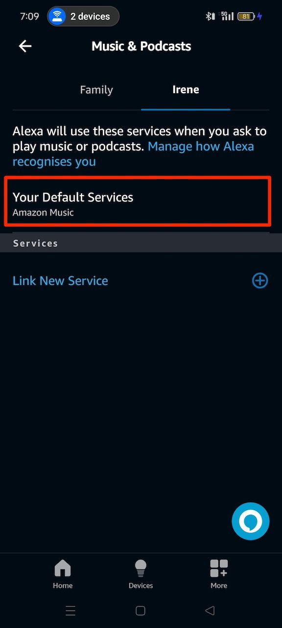 Selecionando Amazon Music definido como serviço padrão no aplicativo Amazon Alexa
