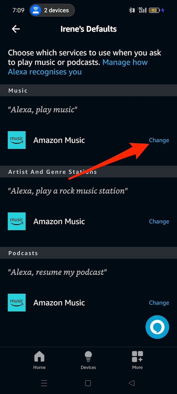 Menu de padrões de conta pessoal no aplicativo Amazon Alexa