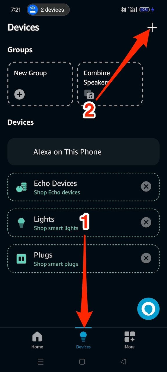 Selecionando o ícone Plus no menu Dispositivos no aplicativo Amazon Alexa