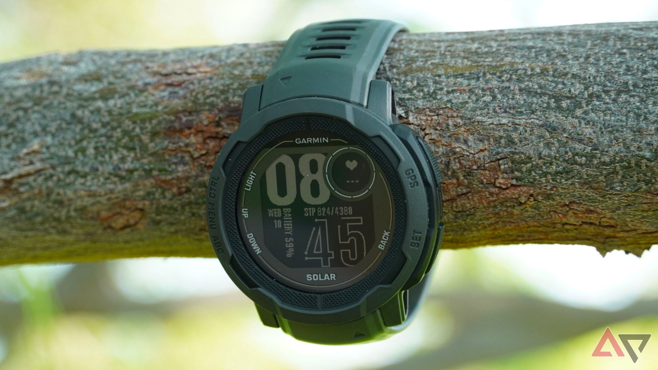 O Garmin Instinct 2 Solar pendurado em uma árvore.