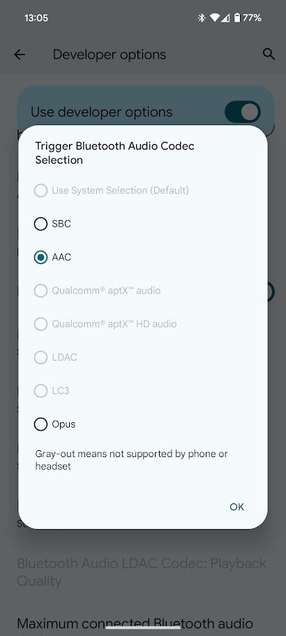 opções de codec de áudio bluetooth android