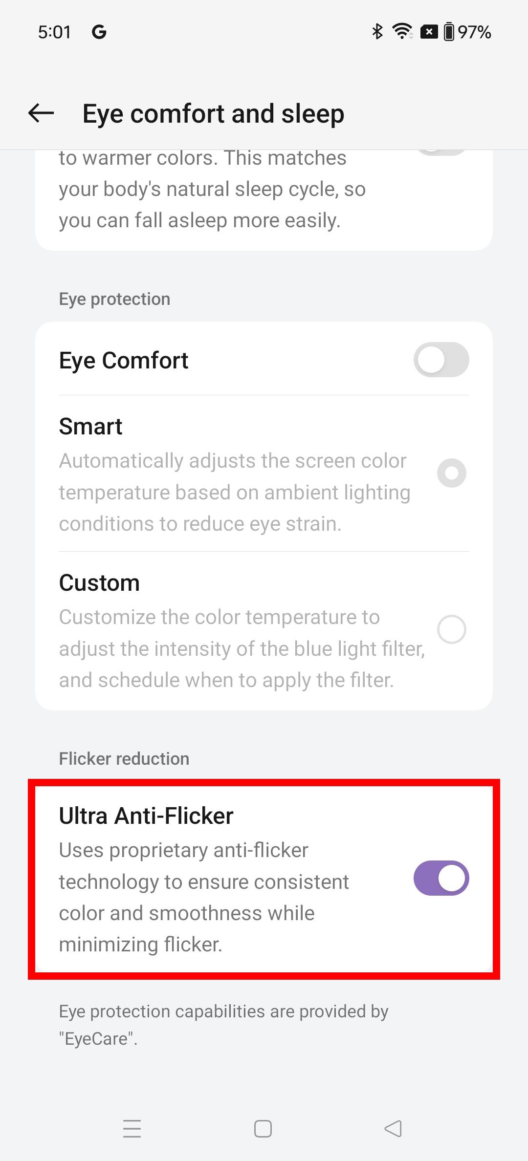 Contorno de retângulo vermelho destacando a opção Ultra Anti-Flicker para desligá-lo em um OnePlus 12R