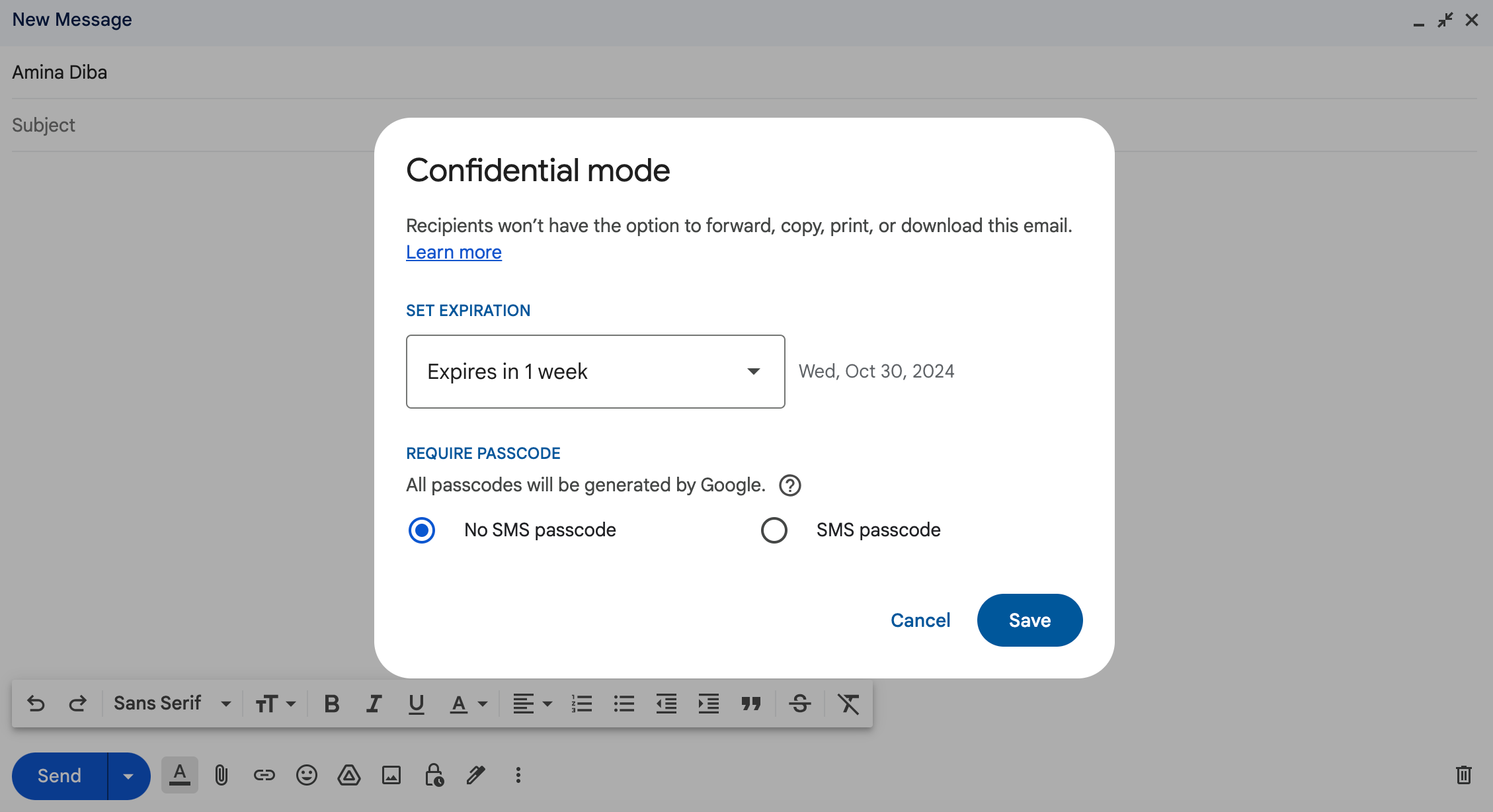 Selecionando uma expiração para seu e-mail via modo confidencial