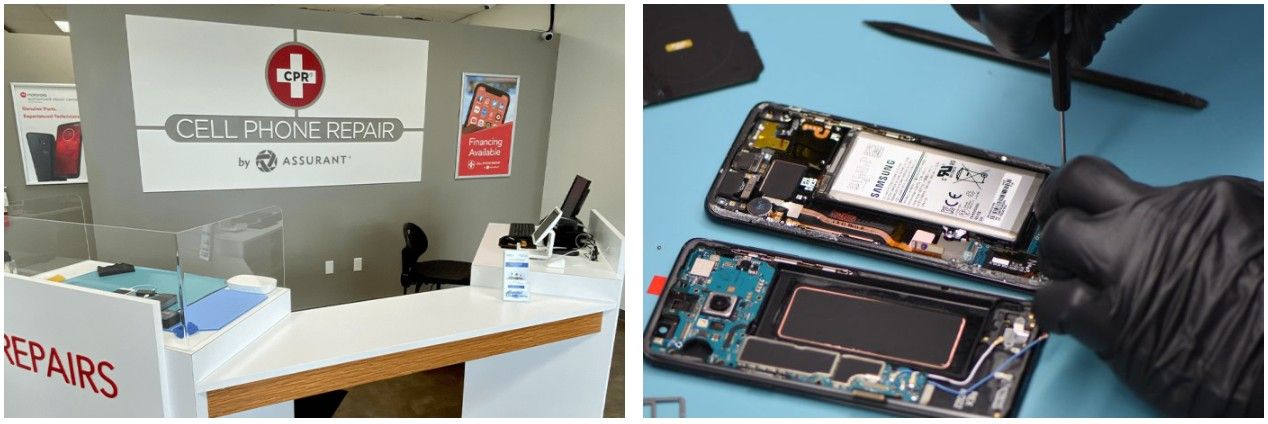 imagens da loja Cell Phone Repair da Assurant e um dispositivo Samsung em reparo.