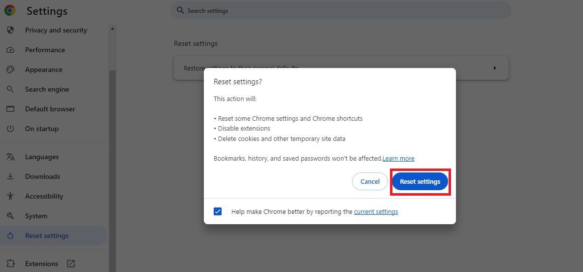 Captura de tela destacando Redefinir configurações no Chrome