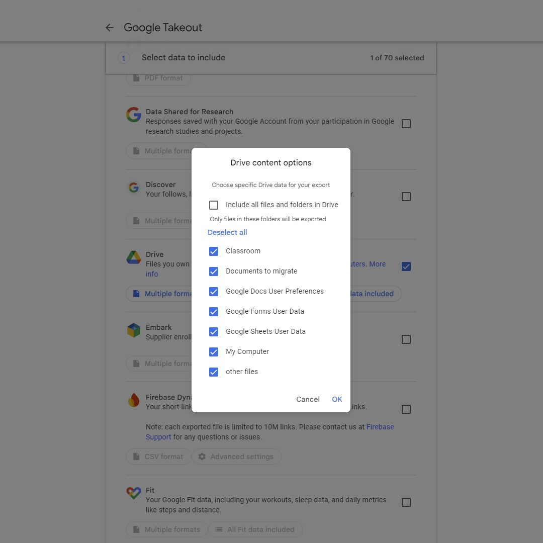 Uma captura de tela da tela de seleção do tipo de documento do Google Takeout