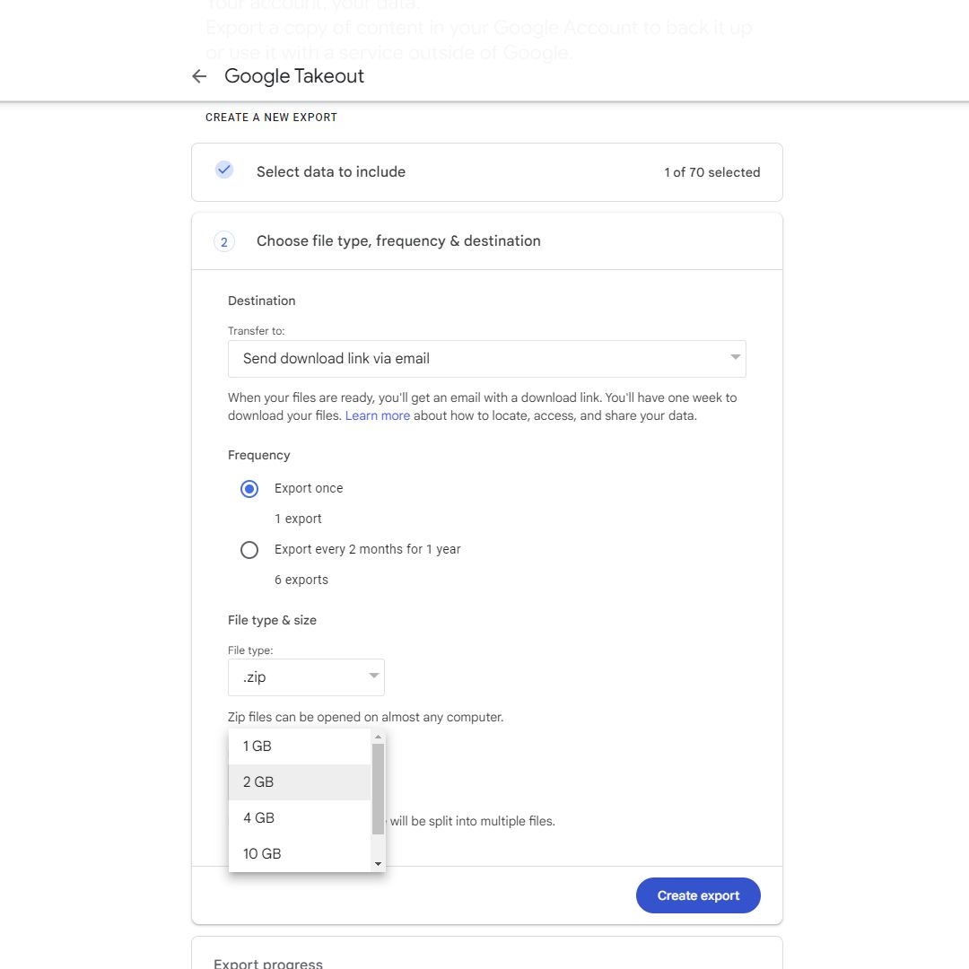 Uma captura de tela da tela de seleção do tipo de documento do Google Takeout