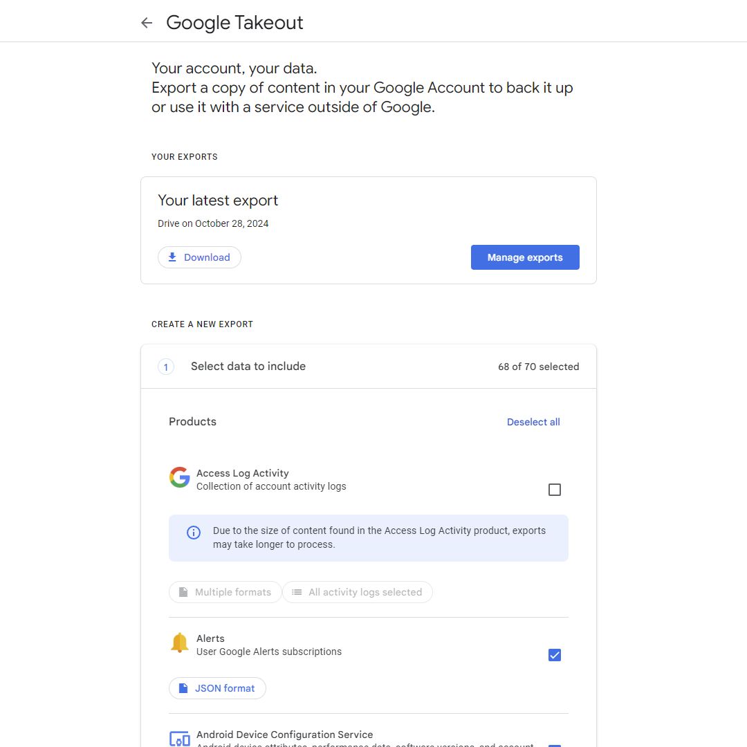 Uma captura de tela da página do Google Takeout mostrando que sua exportação está pronta