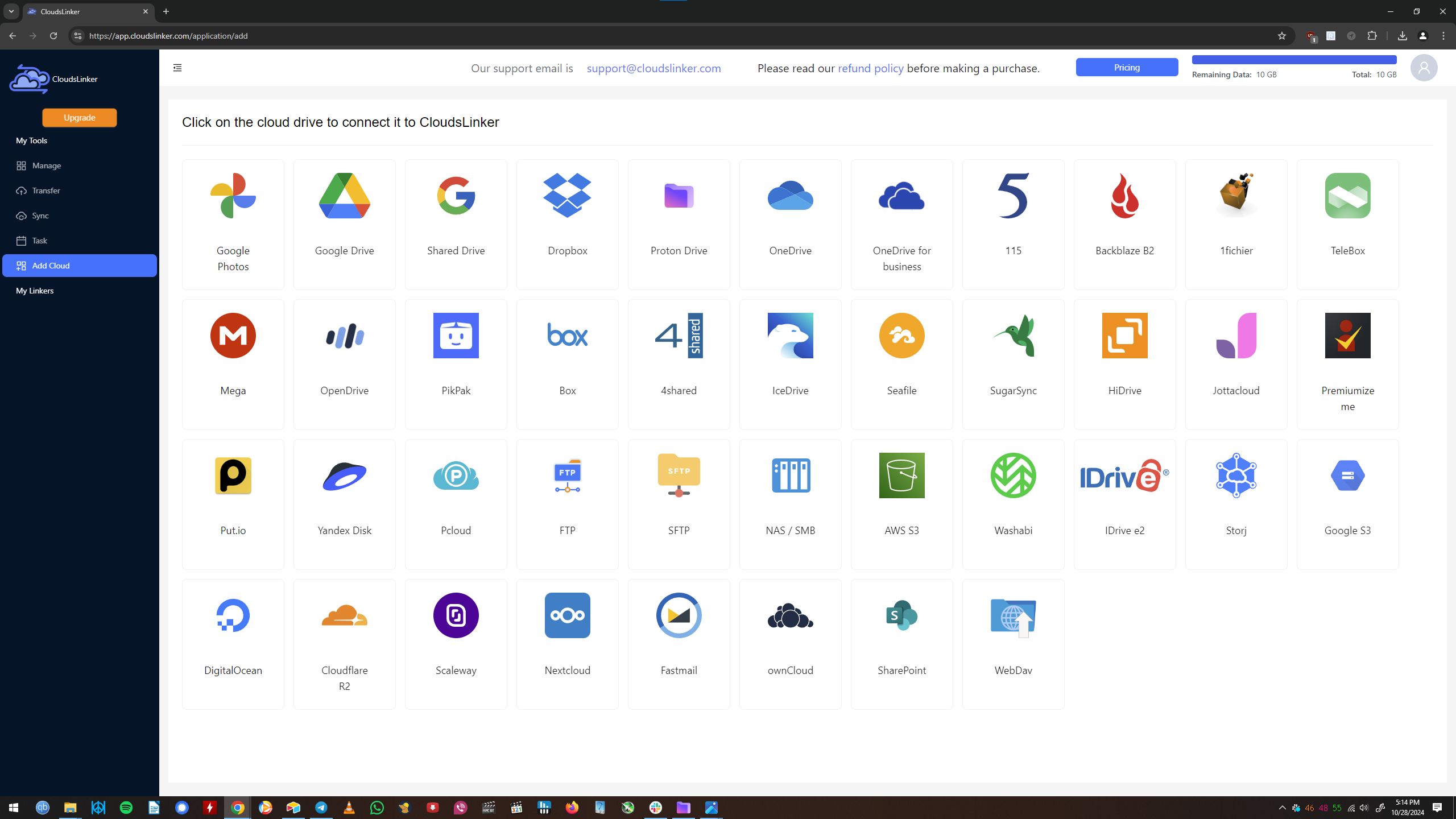 Uma captura de tela do aplicativo da web Cloudslinker