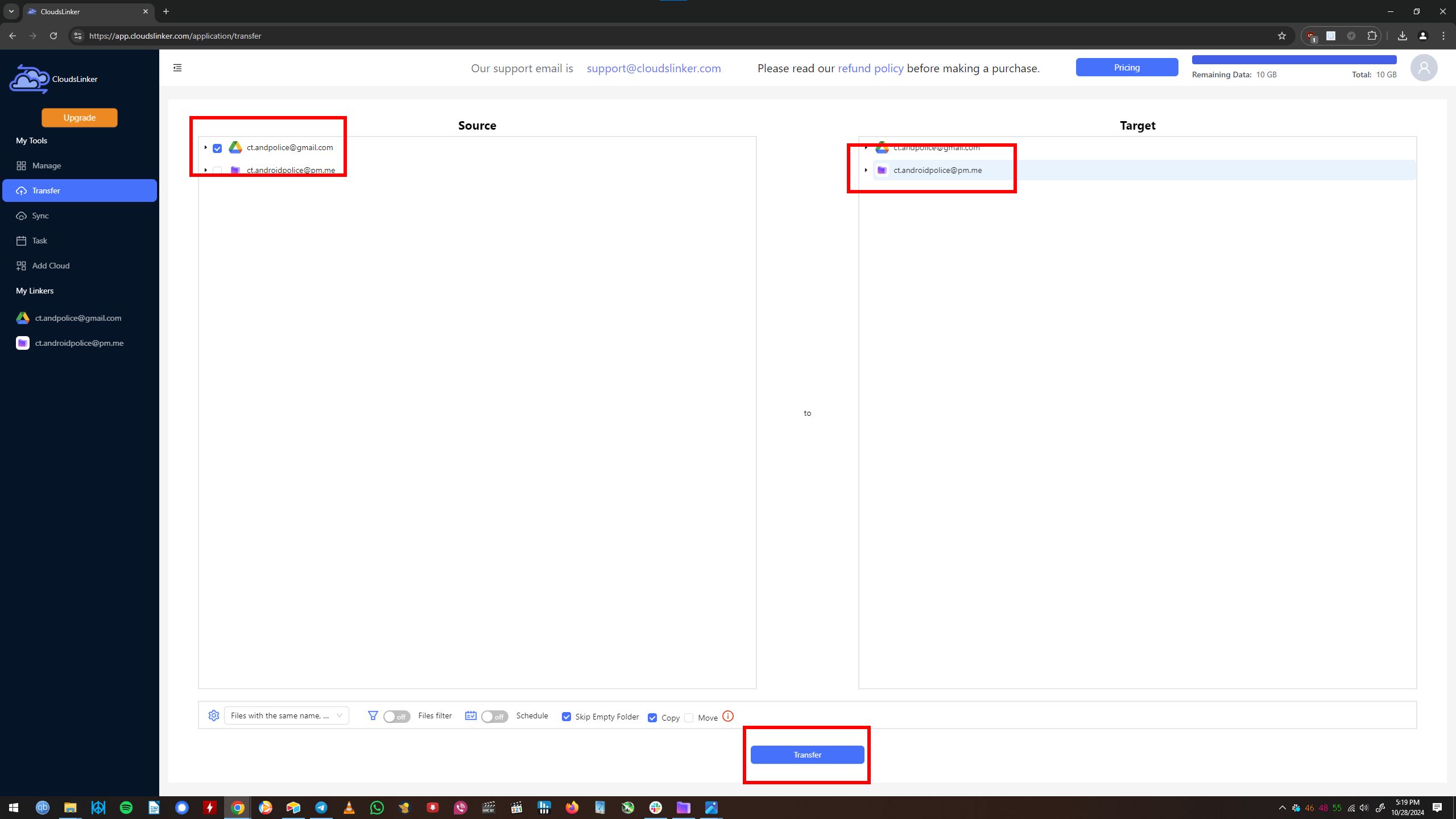 Uma captura de tela do processo de transferência do Cloudslinker