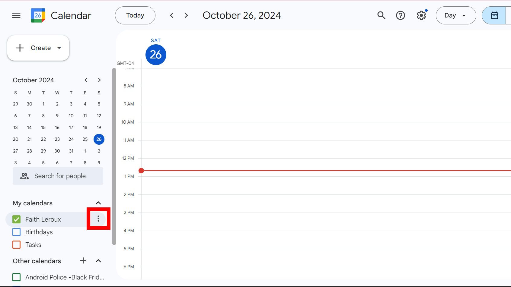 Contorno de retângulo vermelho destacando o ícone de três pontos ao lado de uma agenda na versão web do Google Agenda