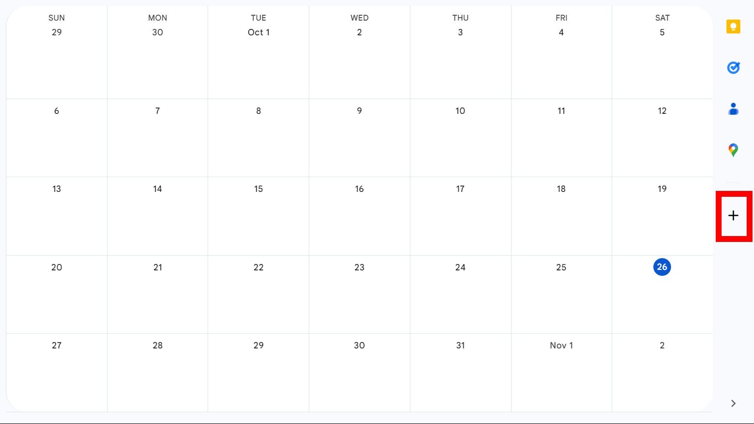 Retângulo vermelho no ícone de adição no painel lateral na versão web do Google Agenda