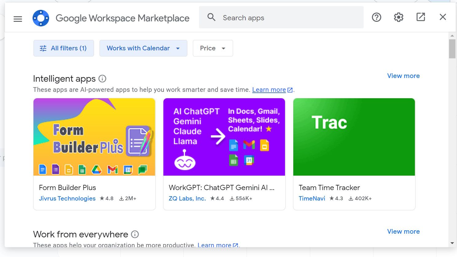 Pesquise aplicativos e extensões do Google Agenda no Google Workspace Marketplace